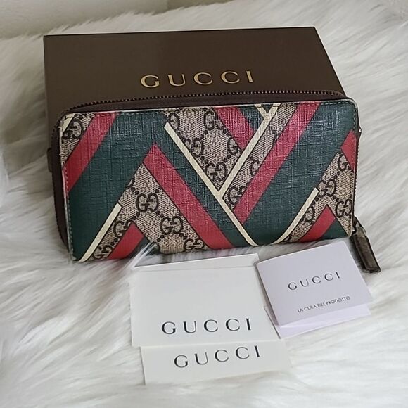 💯Authentic Gucci Round Zip Long Wallet GG Chevron Beige Green Red🍀 - Picture 10 of 16